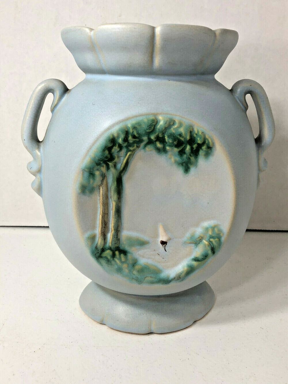 Vintage Blue Weller Art Pottery, Rare Hand-Painted Coastal Naturalist Boat Scene